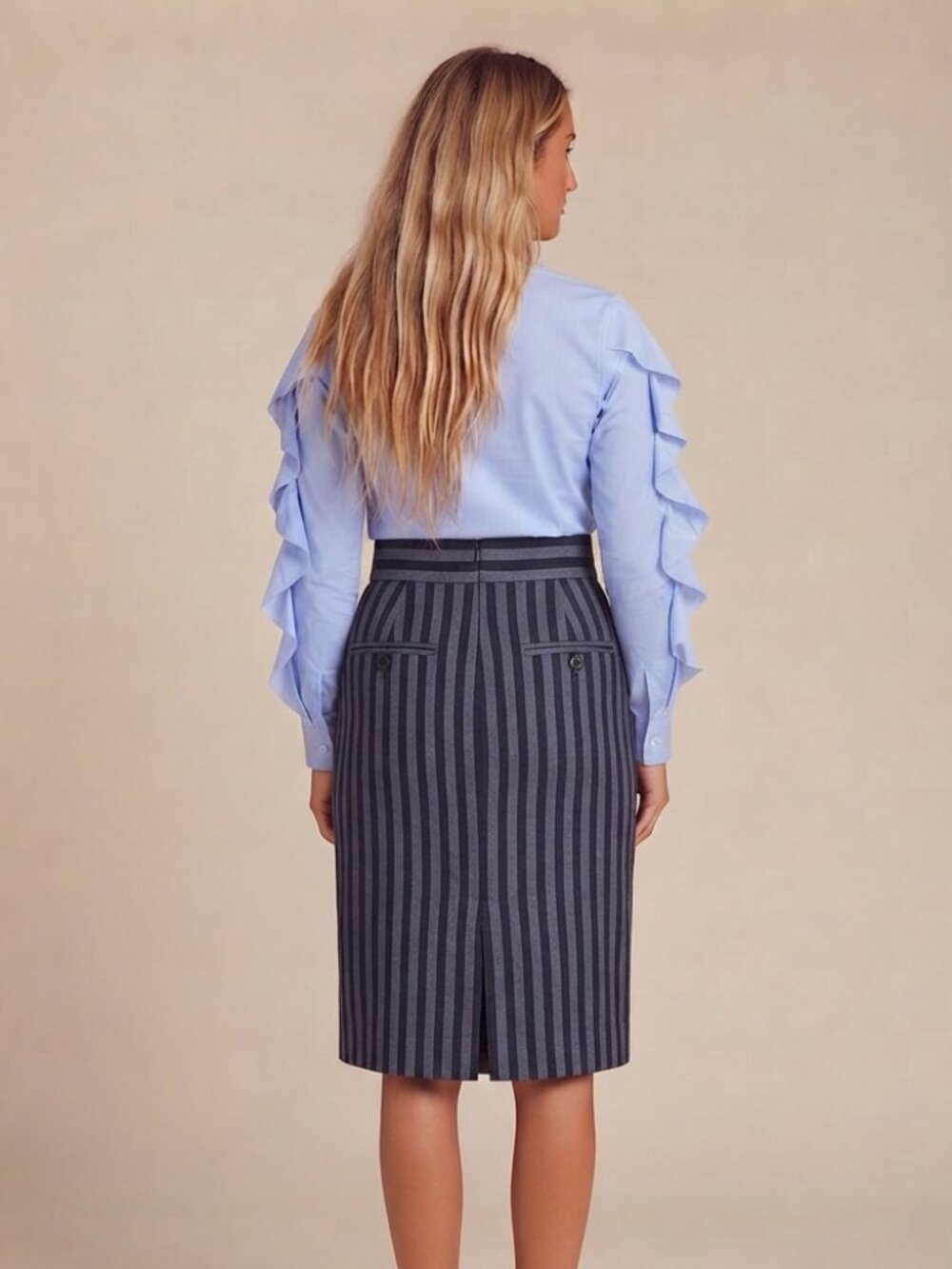 Tracy Reese Navy Blue Directional Stripe Midi Skirt Size 8 39658 - Picture 3 of 12